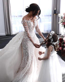 Luxury Mermaid Wedding Dress Tulle Long Sleeves Bridal Gowns with Pearls