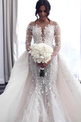 Luxury Mermaid Wedding Dress Tulle Long Sleeves Bridal Gowns with Pearls