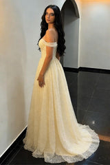 Luxury Off Shoulder Light Yellow Prom Gown With Glitter Pearls Tulle Skirt Formal Evening Gown