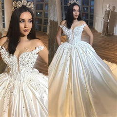 Luxury Off The Shoulder Royal Wedding Dresses Sexy | Beads Appliques Puffy Satin Wedding Dress