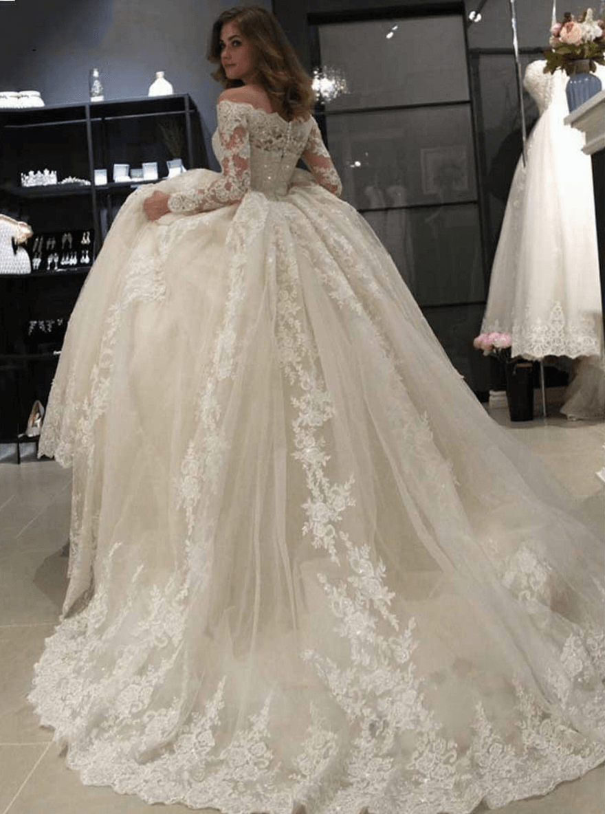 Luxury Off The Shoulder Tulle White Lace Appliques Ball Gown Wedding Dresses