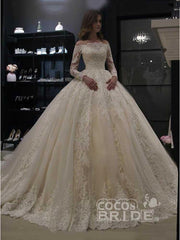 Luxury Off The Shoulder Tulle White Lace Appliques Ball Gown Wedding Dresses