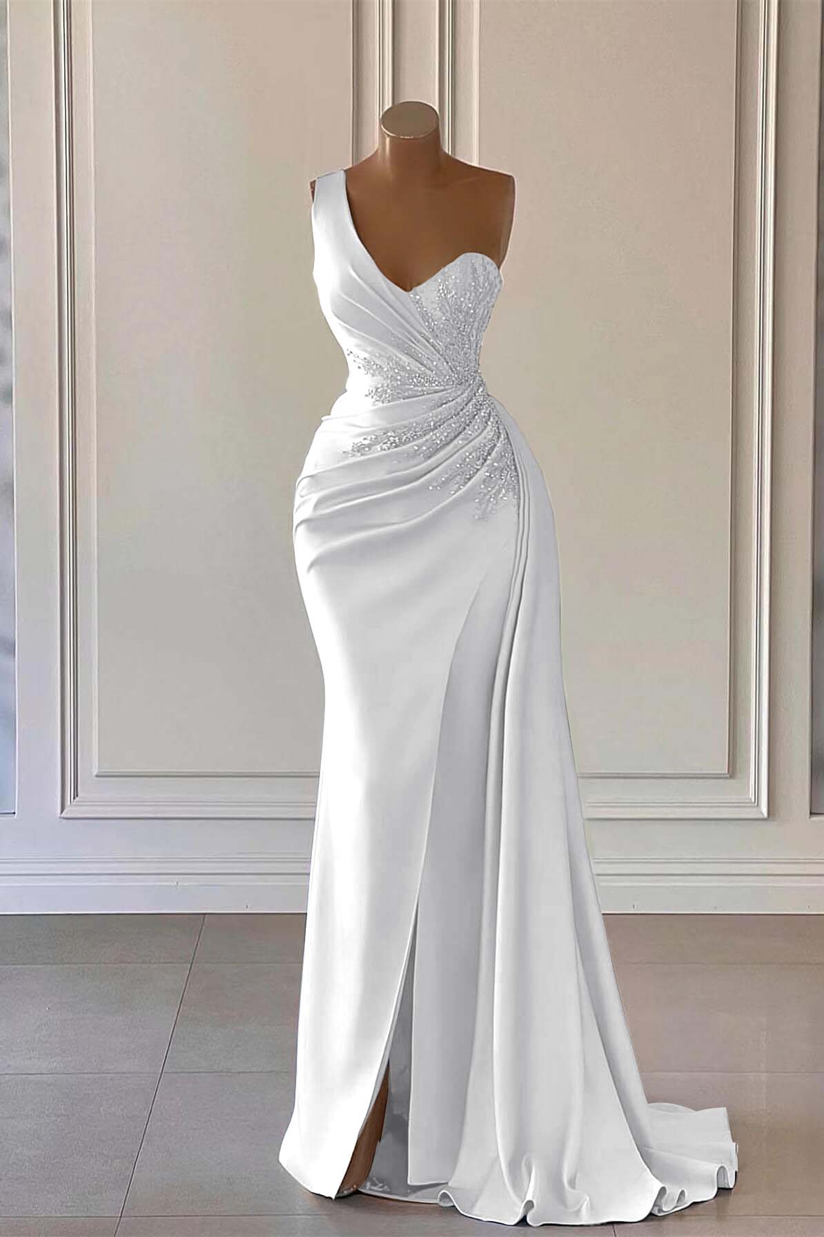 Luxury One Shoulder Long Evening Formal Dress Mermaid Split With Ruffled