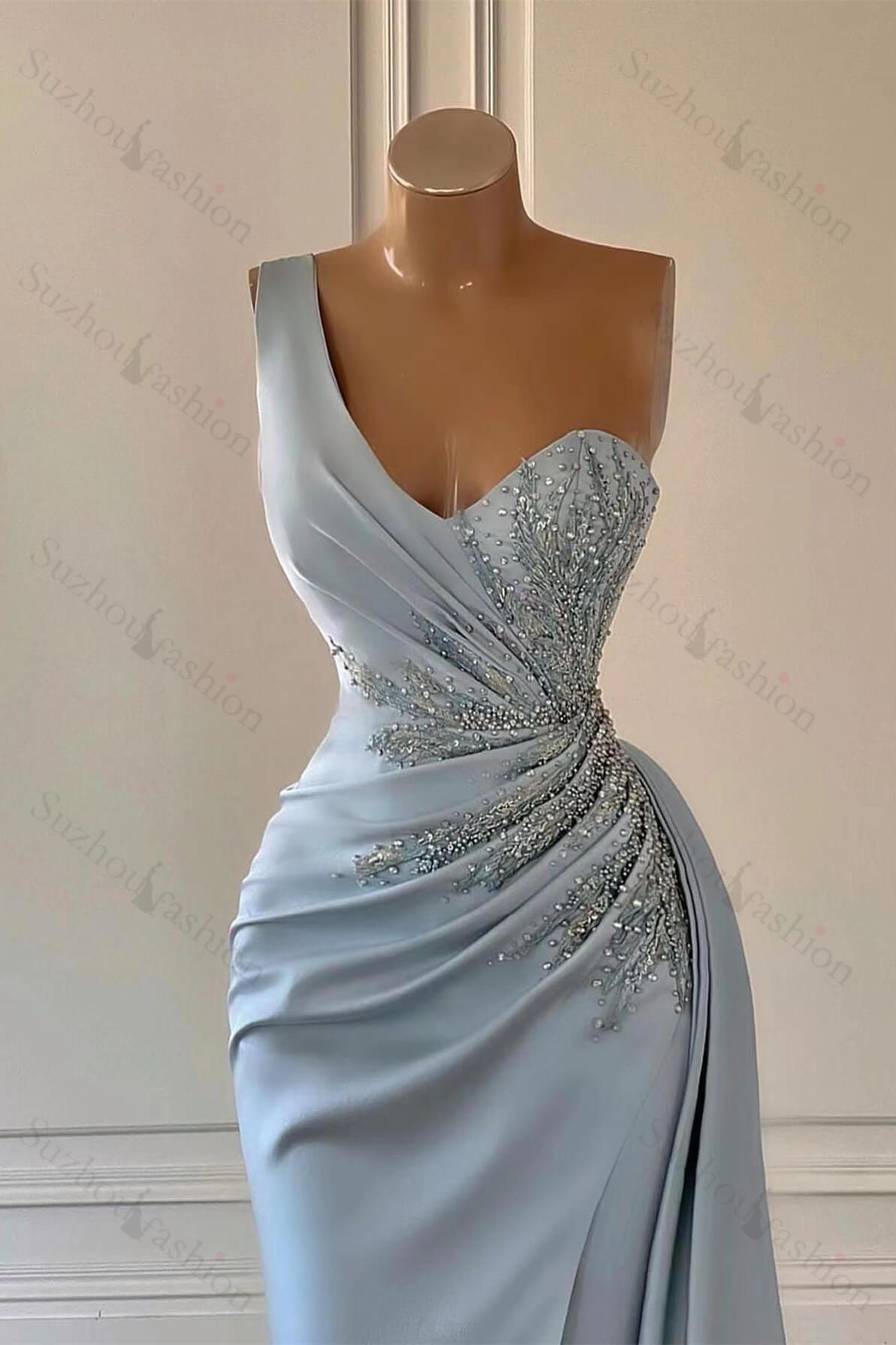 Luxury One Shoulder Long Evening Formal Dress Mermaid Split With Ruffled
