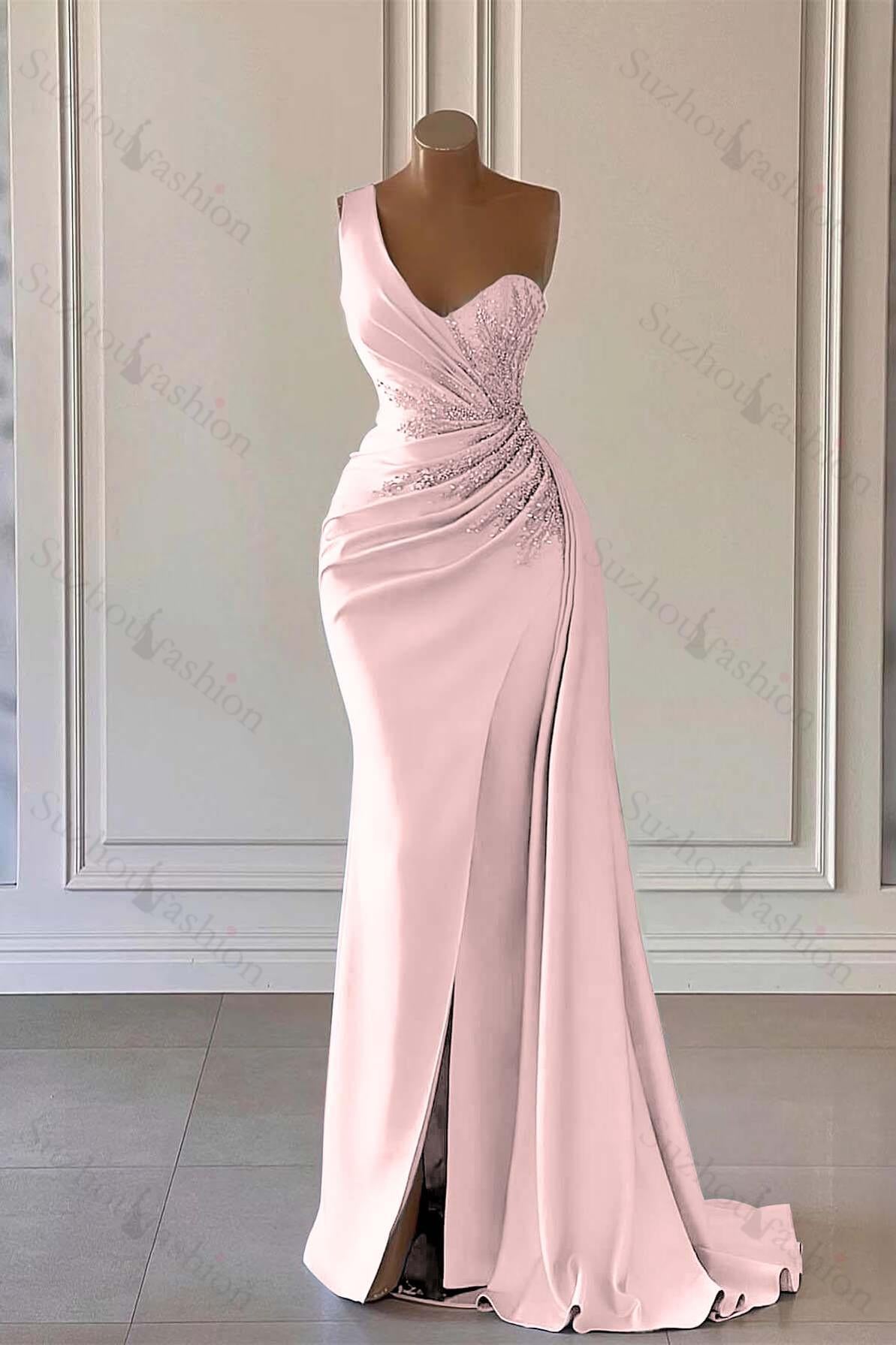 Luxury One Shoulder Long Evening Formal Dress Mermaid Split With Ruffled