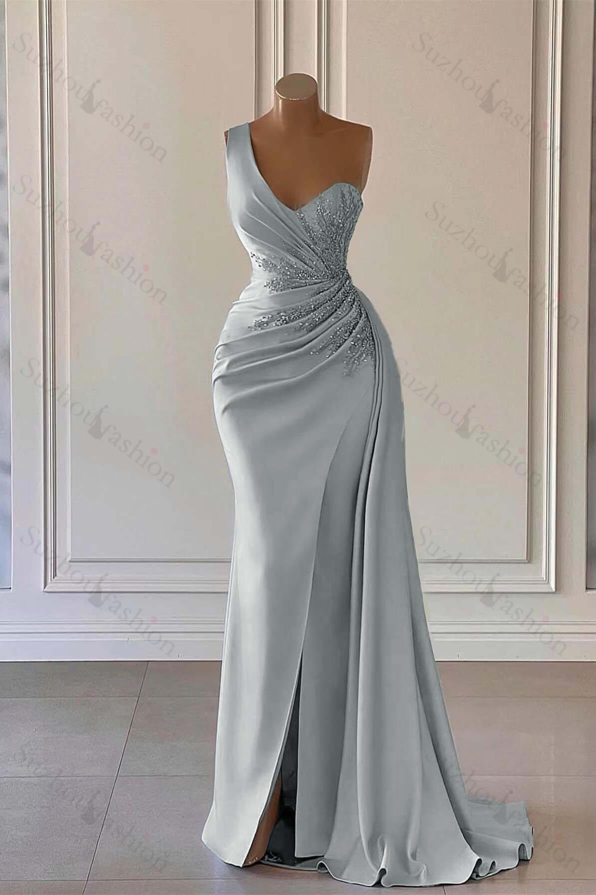 Luxury One Shoulder Long Evening Formal Dress Mermaid Split With Ruffled