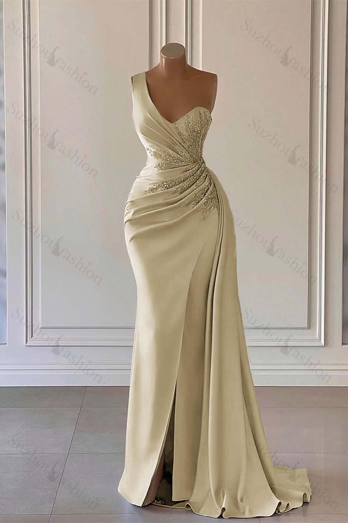Luxury One Shoulder Long Evening Formal Dress Mermaid Split With Ruffled
