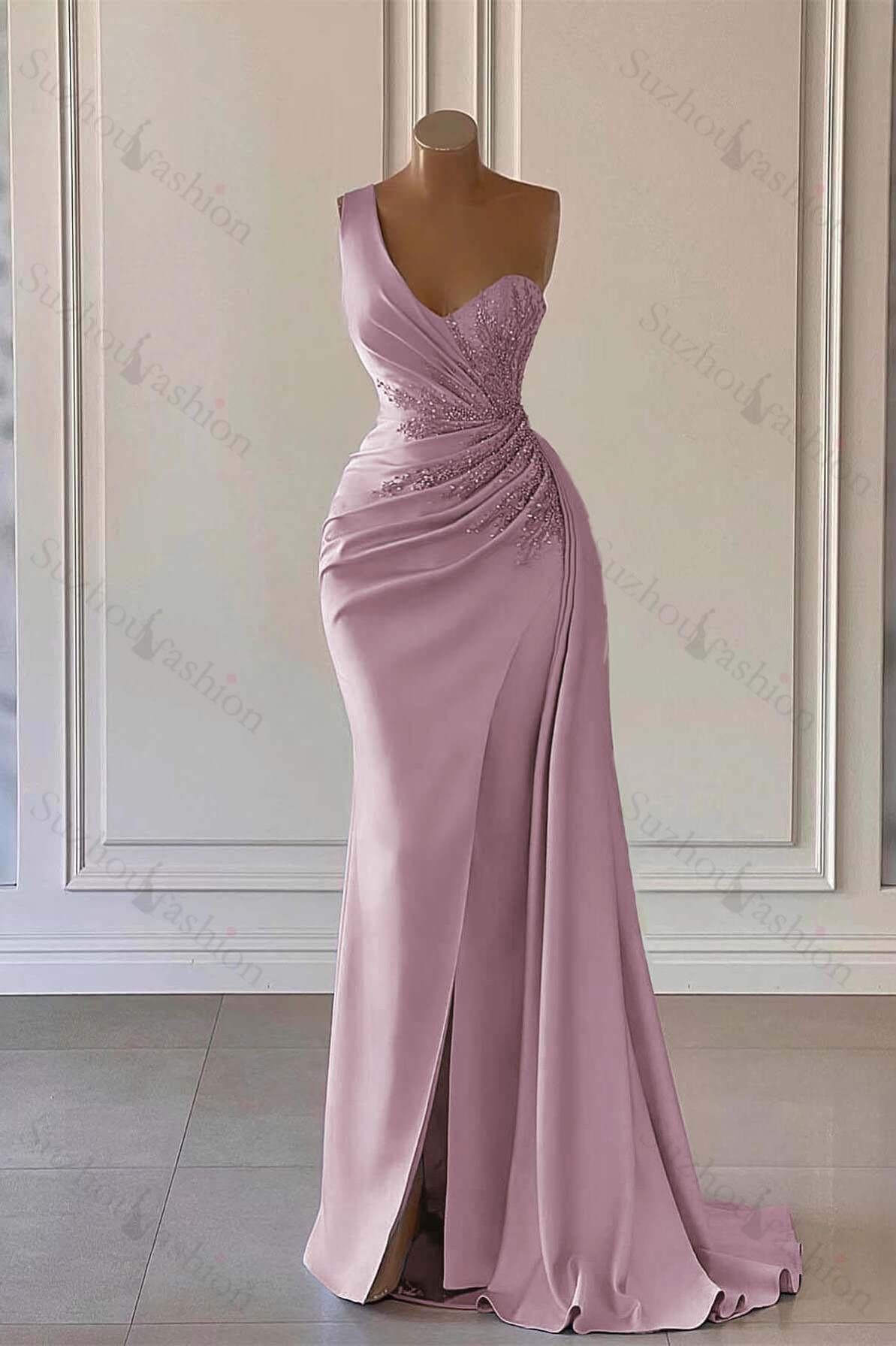 Luxury One Shoulder Long Evening Formal Dress Mermaid Split With Ruffled