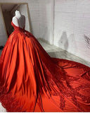 Luxury Princess Satin Sleeveless Lace Orange Ball Gown Prom Dresses