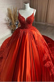 Luxury Princess Satin Sleeveless Lace Orange Ball Gown Prom Dresses