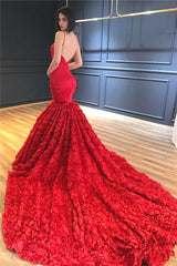 Luxury Red Flowers Mermaid Gorgeous Prom Dresses | Sexy Spaghetti Straps Backless Evening Dress