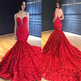 Luxury Red Flowers Mermaid Gorgeous Prom Dresses | Sexy Spaghetti Straps Backless Evening Dress