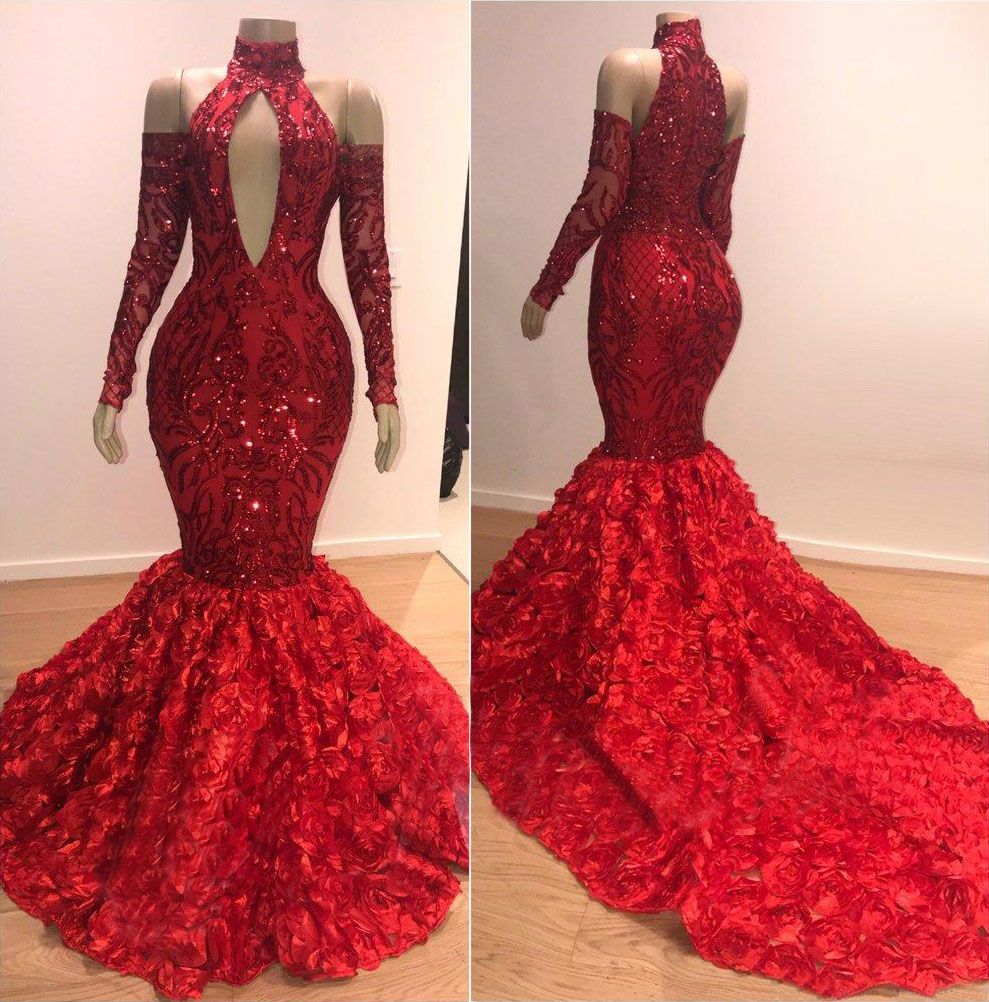 Luxury Sequins Mermaid Red Prom Dresses | Floral Long-Sleeves Evening Dresses with Sleeves MQ0 BC0767