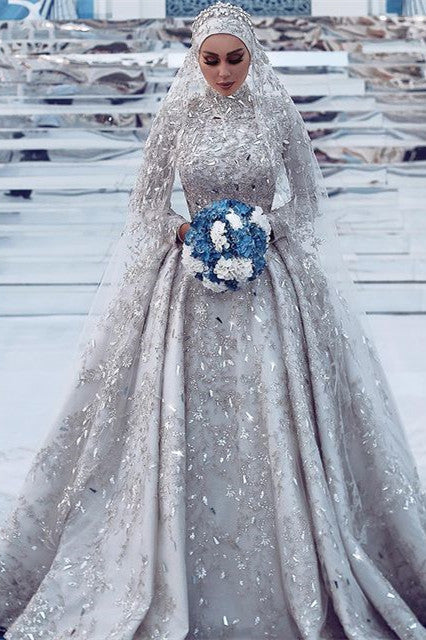 Luxury Sheath High-Neck Tulle Lace Wedding Dress with Beadings On Sale