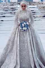 Luxury Sheath High-Neck Tulle Lace Wedding Dress with Beadings On Sale