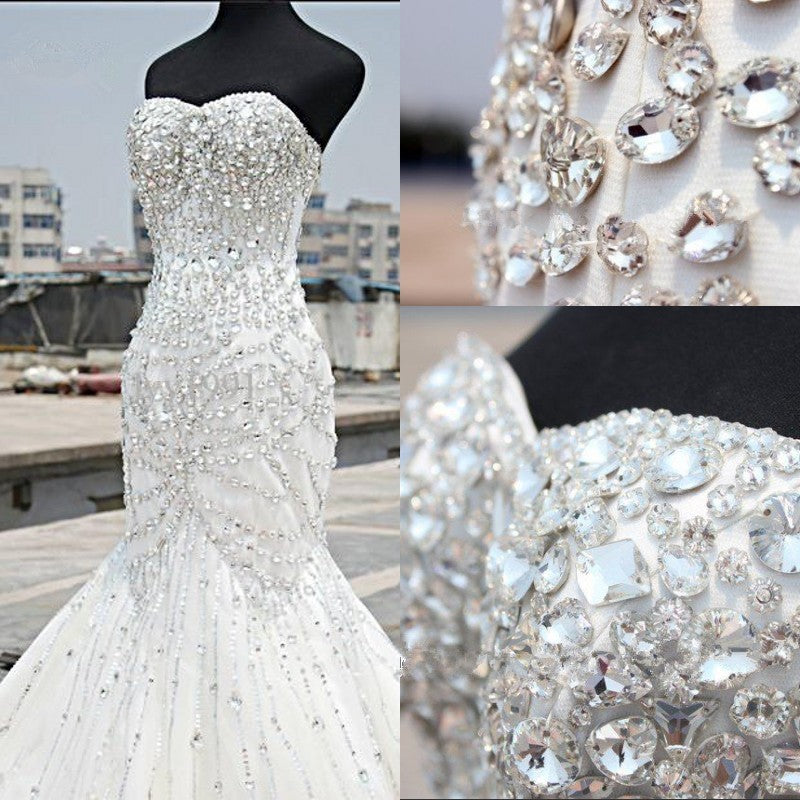 Luxury Silver Crystal Wedding Dresses Beading Sweetheart Mermaid Sparkly Bridal Gowns