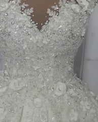 Luxury Sleeveless Crystal Wedding Dresses | Sheer Tulle Flowers Bridal Gowns with Beading BC0708