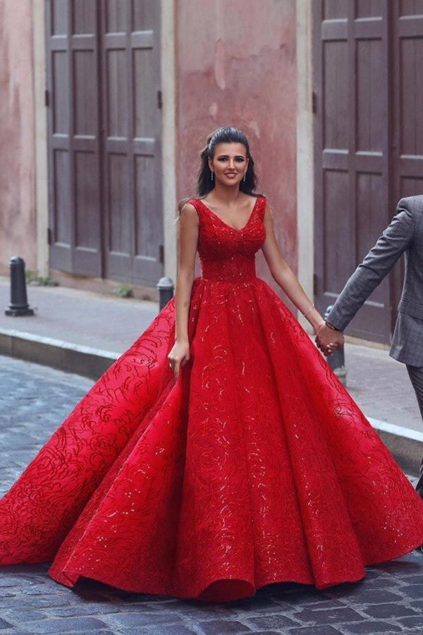 Luxury Sleeveless Ruby Sequins Ruffles Ball Gown Prom Dresses