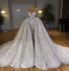 Luxury Spaghetti Straps Sliver Tulle Sequins Mermaid Prom Dresses