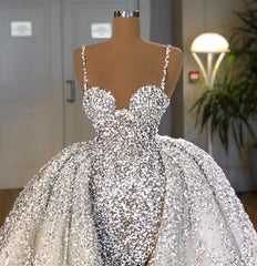 Luxury Spaghetti Straps Sliver Tulle Sequins Mermaid Prom Dresses