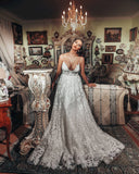 Luxury Spaghetti Straps V Neck Tulle Lace A-Line Wedding Dresses