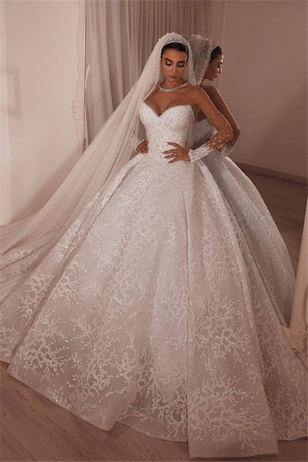 Luxury Strapless Beading Appliques Wedding Dresses | Lace Sheer Tulle Bridal Dresses