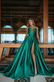 Luxury Strapless Jade Green Satin Ruffles Front-Split Prom Dresses