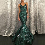 Luxury Strapless Jade Green Sequins Mermaid Prom Dresses With Zipper