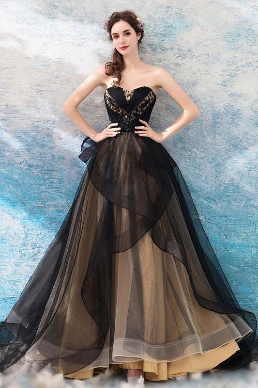 Luxury Strapless Tulle Black Lace Ruffles Wedding Dresses