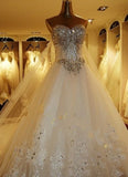 Luxury Strapless Tulle Lace Beading A-Line Wedding Dresses Long