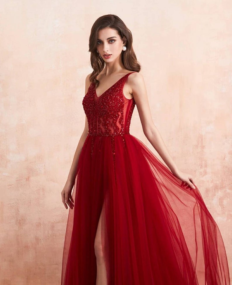 Luxury Tulle Sleeveless Ruffles Appliques Front-Split Evening Dresses