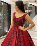 Luxury V Neck Red Lace Wedding Dress With Sleeveless