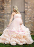 Maternity Pregnant Cloud Pink Long Strapless Wedding Dresses