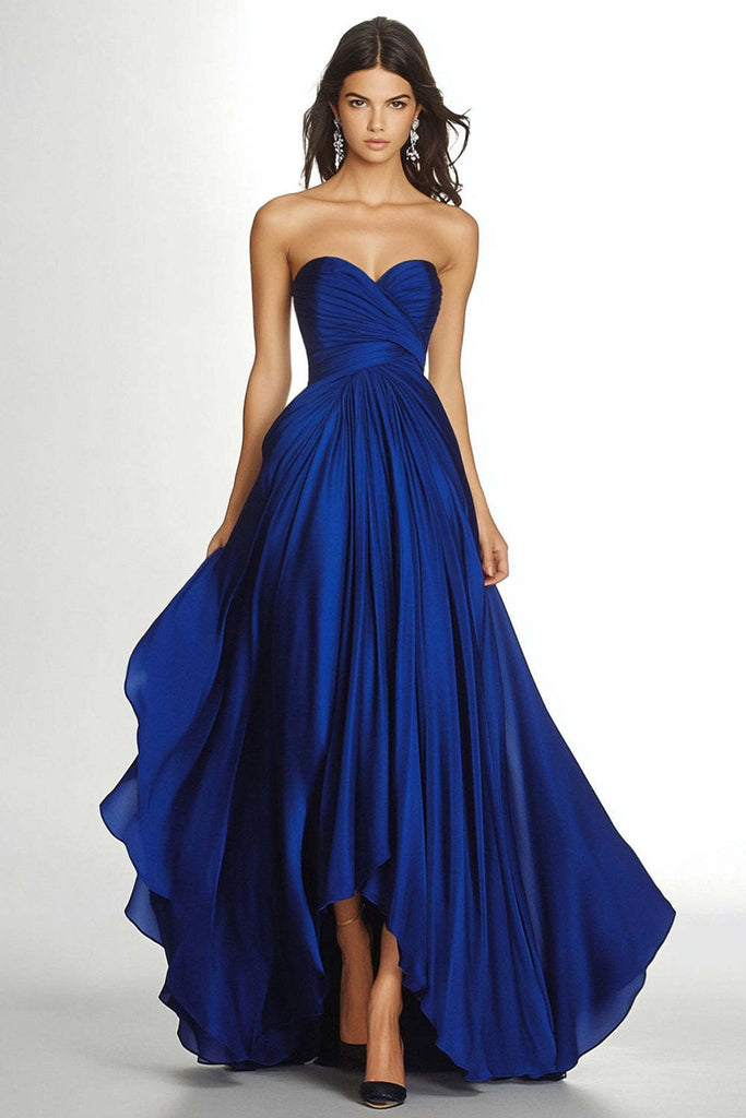Suzhoufashion Maxi A Line Royal Blue Wedding Guest Dress Pleated Asymmetric Chiffon Strapless Formal Dress