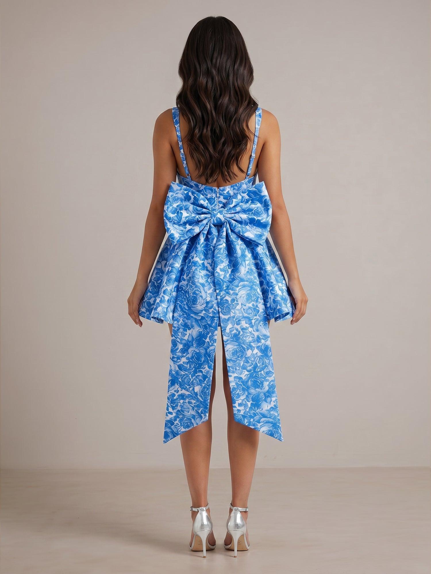 Mediterranean Blue Toile Square Neck Homecoming Mini Dress with Trailing Bow