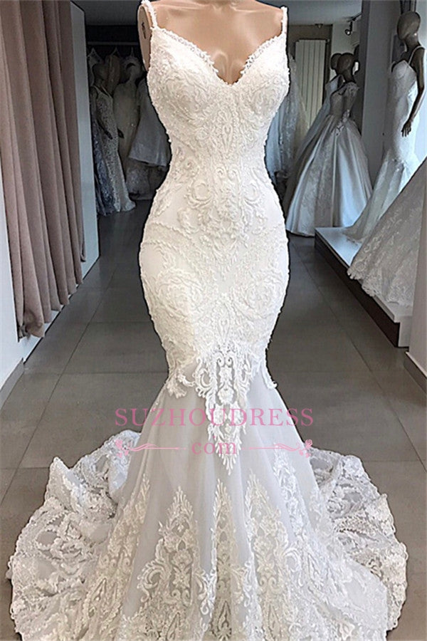 Mermaid Appliques Beautiful Spaghetti-Straps Lace Wedding Dresses
