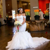 Mermaid Appliques Plus Size Bride Dress Gorgeous Lace Cap-Sleeve Wedding Dress