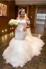 Mermaid Appliques Plus Size Bride Dress Gorgeous Lace Cap-Sleeve Wedding Dress