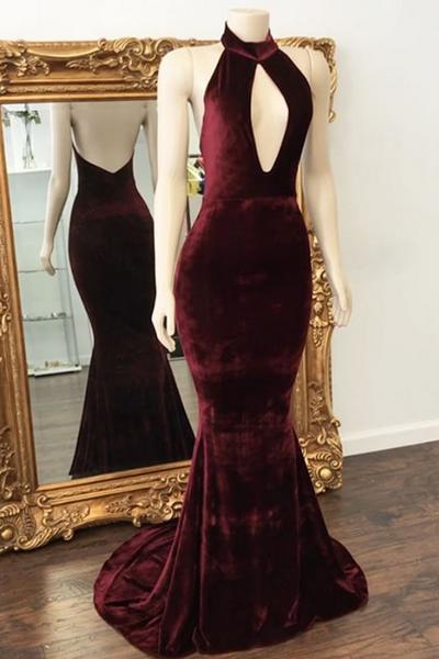 Mermaid Backless Prom Dress Zipper Stunning High Neck Long Velvet Evening Dress BA6202