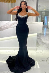 Mermaid Black Prom Dress Sleeveless Rhinestones Formal Dress