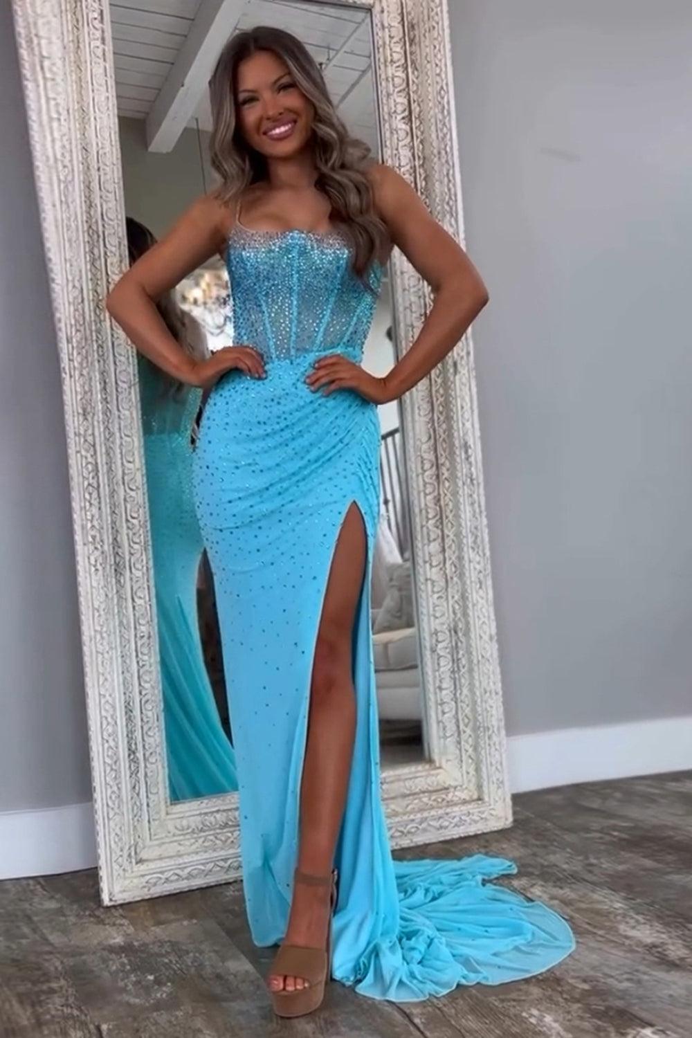Suzhoufashion Mermaid Black Prom Dress Spaghetti Straps Corset Long Formal  Dress With Slit – suzhoufashion