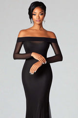 Mermaid Black Wedding Guest Dress Off The Shoulder Formal Dress With Mesh Long Sleeves