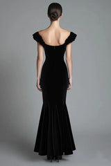 Mermaid Black Wedding Guest Dress Velvet Off The Shoulder Long Formal Dress