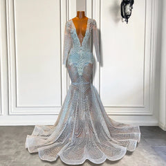 Mermaid Formal Dresses with Deep V-Neck Long Sleeves Beadings