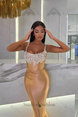 Mermaid Gold Prom Dress Sleeveless Jewel Formal Dress With Glitter