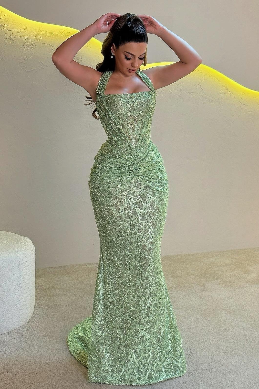 Mermaid Halter Neck Gold Sequined Long Prom Dress With Ruched Formal Evening Gown