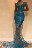 Mermaid Illusion Blue Sequins Evening Dresses | Halter Sleeveless Sexy Prom Dresses