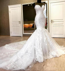 Mermaid Lace Appliques Sexy Sheer Tulle Wedding Dresses with Court Train