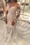 Mermaid Lace Appliques Sexy Tulle Wedding Dress | Long Sleeve Bride Dress With Long Train