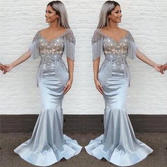 Mermaid Lace Appliques Tassels Prom Dresses | Short Sleeves Sexy V-neck Evening Gown bc0291